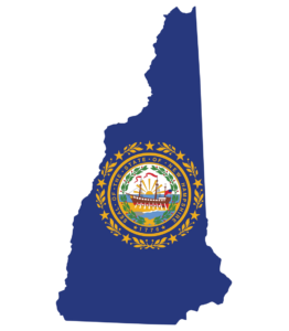 A graphic the shape of the state of New Hampshire, filled in with the New Hampshire flag made up of the crest of New Hampshire on a blue field.