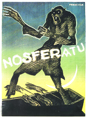 illustration of dark figure coming out of coffin, word "Nosferatu" across middle of image