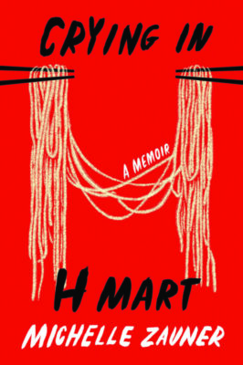 book cover of Crying in H Mart, illustration of noodles on chopsticks on a red background