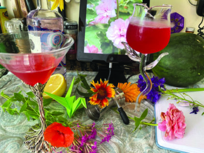 2 martini glasses surrounded by flowers