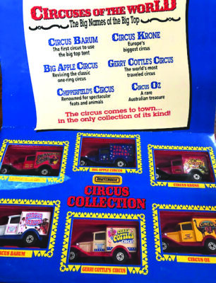 collection of matchbox toy cars displayed in packaging
