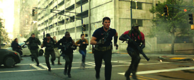 movie scene with people running heroically down the street