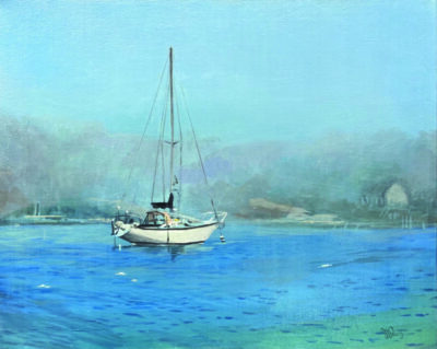 painting of a sailboat on calm blue water, misty background