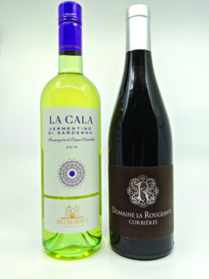 bottle of white and bottle of red wine on gray background