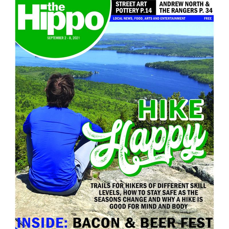 cover of newspaper, man shown from back, sitting on rocky peak overlooking forest and lake