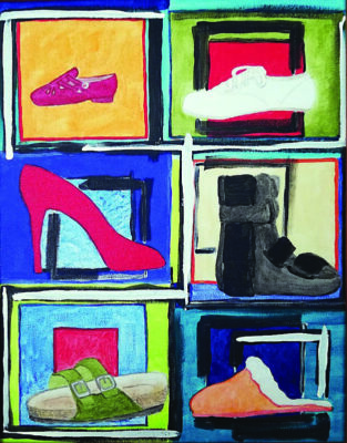 2-dimensional artwork depicting six different types of shoes, drawn into colorful boxes