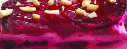 rectangular slice of roasted beet terrine, beets layered with cheese
