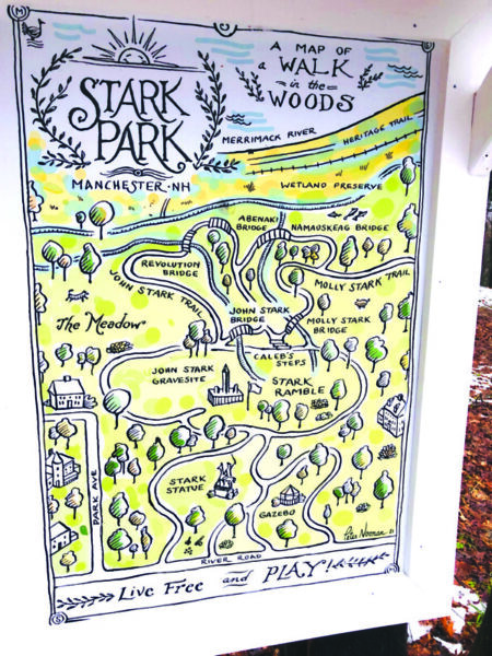 mounted map of park trails, illustrated by artist Peter Noonan
