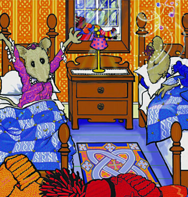 illustration of 2 mice in waking up in bedroom