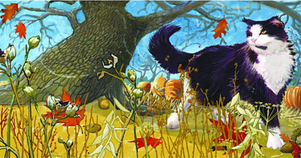 Illustration of cat in autumn woods