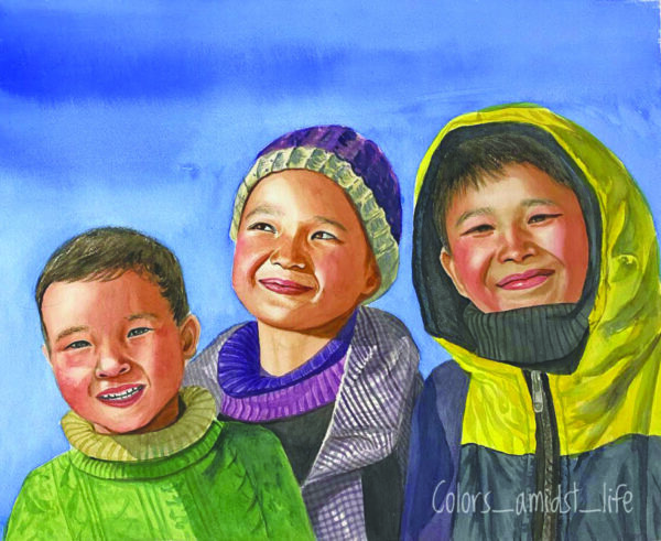 painting of three young boys, smiling