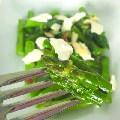 asparagus and feta on fork