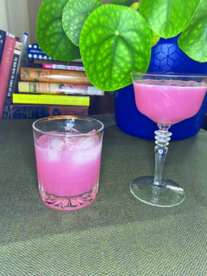 2 glasses of pink drinks on counter with books and potted plant