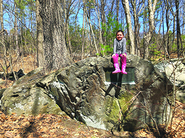 small girl sitting on rock contained imbedded informational plaque