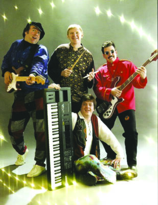 4 band members posing with instruments, dressed in 60s style clothing