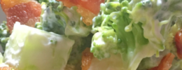 extreme closeup of Broccoli, apple and bacon salad