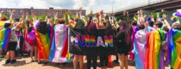 crowd of people wrapped in Pride flags, cheering, seen from the back