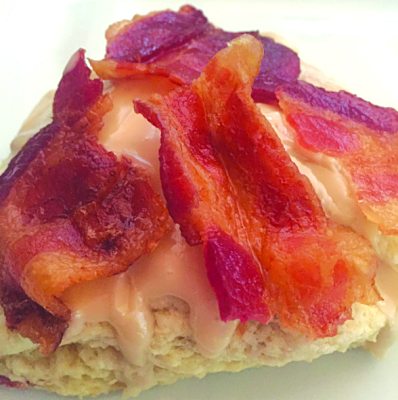 scone with maple glaze topped with bacon