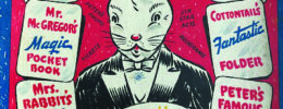box top of 1940s game, illustrated with white rabbit in tuxedo and listing magic tricks inside