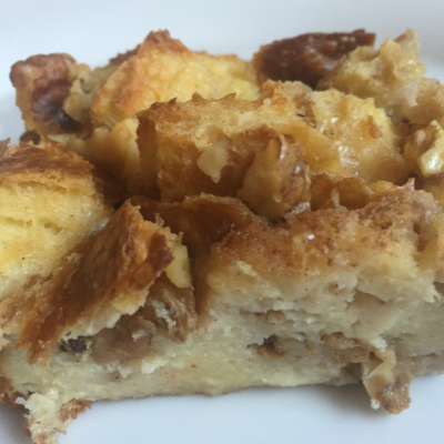 close up of bread pudding on plate