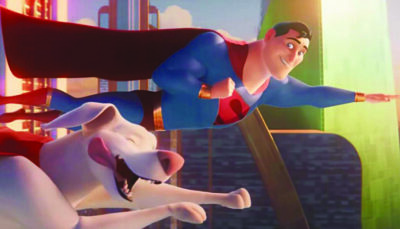 film still from DC League of Super-Pets showing Superman and dog Krypto flying through the air