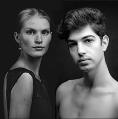 black and white portrait of a young man and a young woman