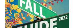 Illustrated cover - Fall Guide put on road sign, autumn leaves in background