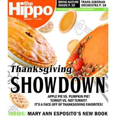 cover for the Hippo's Thanksgiving Showdown, showing pies flying through the air