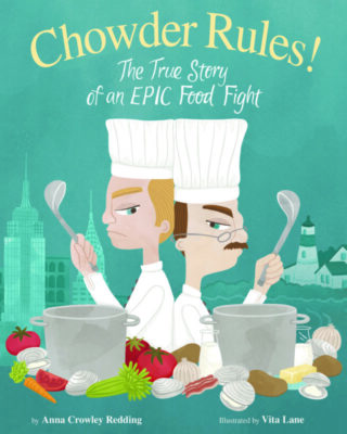 book cover for illustrated children's book, showing 2 chefs cooking in the kitchen