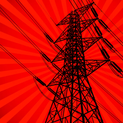 silhouette of power transformer on red background with radiating stripes