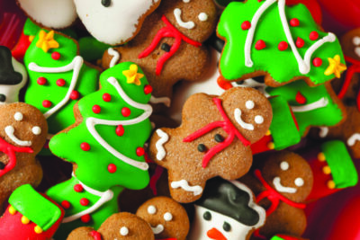 Traditional Iced Gingerbread Christmas Cookies with Trees and Snowmen