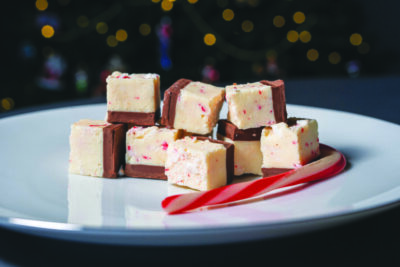 cubes of swiss fudge with peppermint pieces on plate beside candy cane