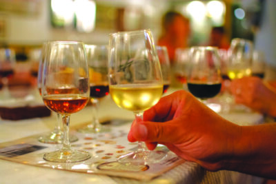 wine tasting in wine cellars, selection of different jerez fortified wines from dry to very sweet in glasses