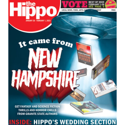 Front page of Hippo, books being pulled by UFO lightbeam, title it came from New Hampshire