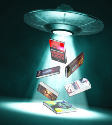 flying saucer hovering on dark background, books being pulled by light beam