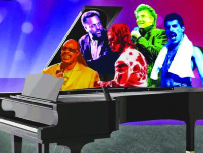 graphic for musical performance showing images of popular musicians coming out of a piano
