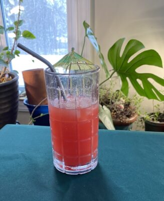 tall glass with cocktail and straw, on table, indoor plants in the background