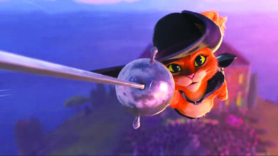 animated swashbuckling cat leaping through air with sword raised