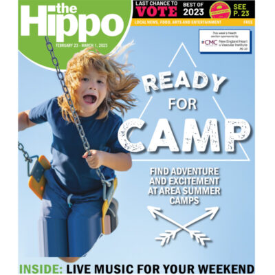 Hippo front page image kid on swing with words ready for camp