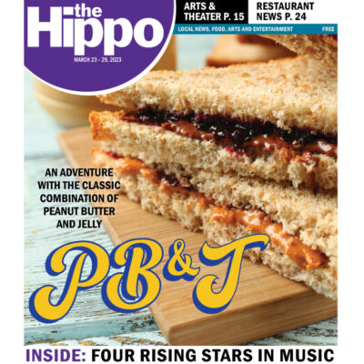 front page of Hippo showing close up of peanut butter and jelly sandwich cut in half
