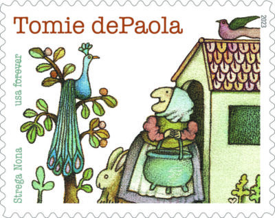 image of stamp with illustration of old woman outside of house with peacock in tree, drawn by artist Tomie DePaola