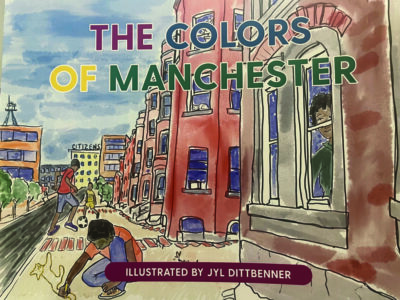 book cover for the colors of Manchester, illustration of city street, child drawing on sidewalk