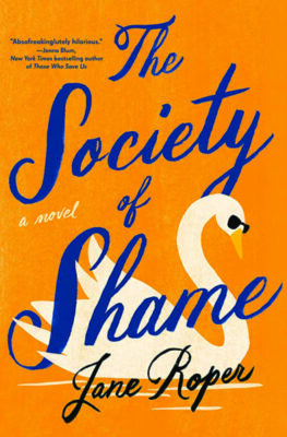 book cover for the society of shame, featuring cursive title over illustrated swan