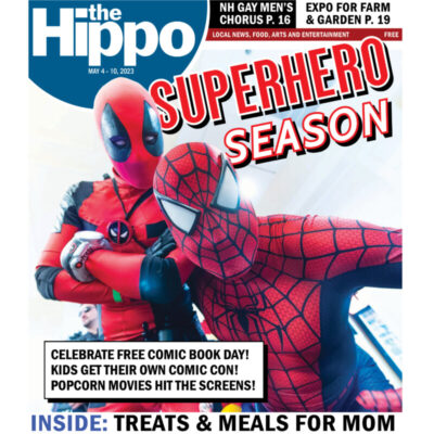 frontpage of Hippo featuring cosplayers dressed as deadpool and spiderman posing