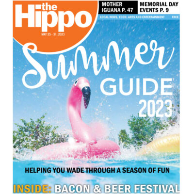 Hippo cover showing a flamingo pool toy splashing in a pool