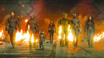 scene in guardians of the galaxy vol 3, walking through fire dramatically