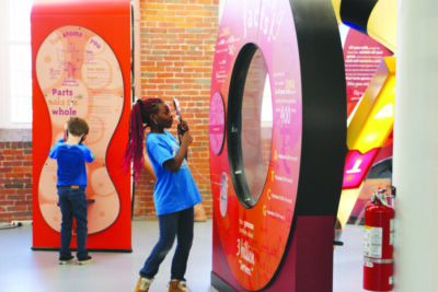 young black girl looking through large magnifying glass at science museum display.