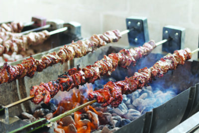 kebab sticks with pieces of meat roasting over coals