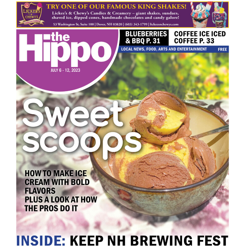front page of hippo showing bowl of ice cream on outdoor table with text sweet scoops