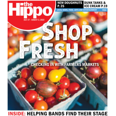 frontpage of Hippo newspaper, close up image of cherry tomatoes in pint containers, seen from above, words Shop Fresh